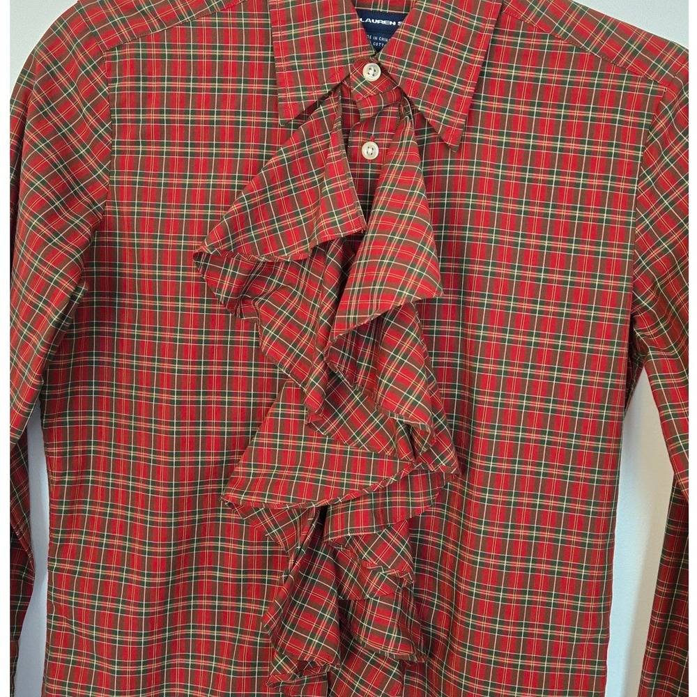 Ralph Lauren Sport Plaid Ruffle Tie Neck Blouse Cotton Sz 2 - Picture 4 of 6